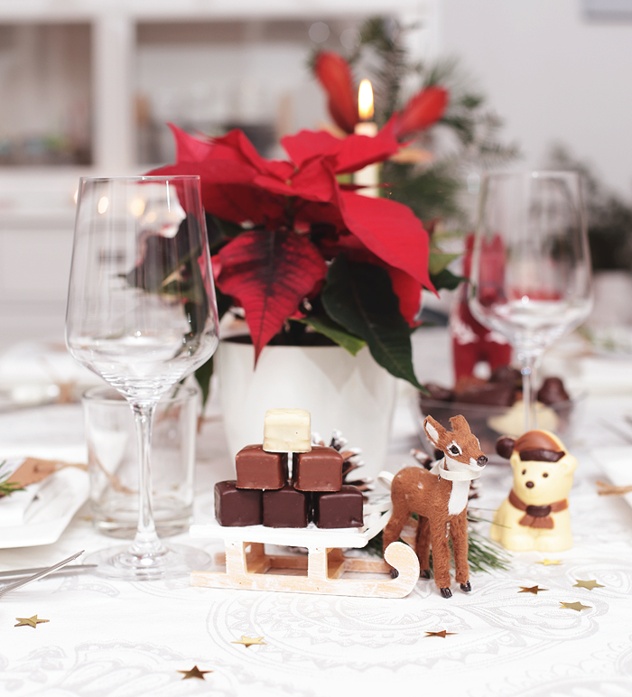 Tischdekoration Weihnachten Skandinavisch rot weiß Schokolade Hussel