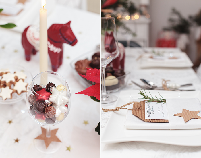 Tischdekoration Weihnachten Skandinavisch rot weiß Schokolade Hussel